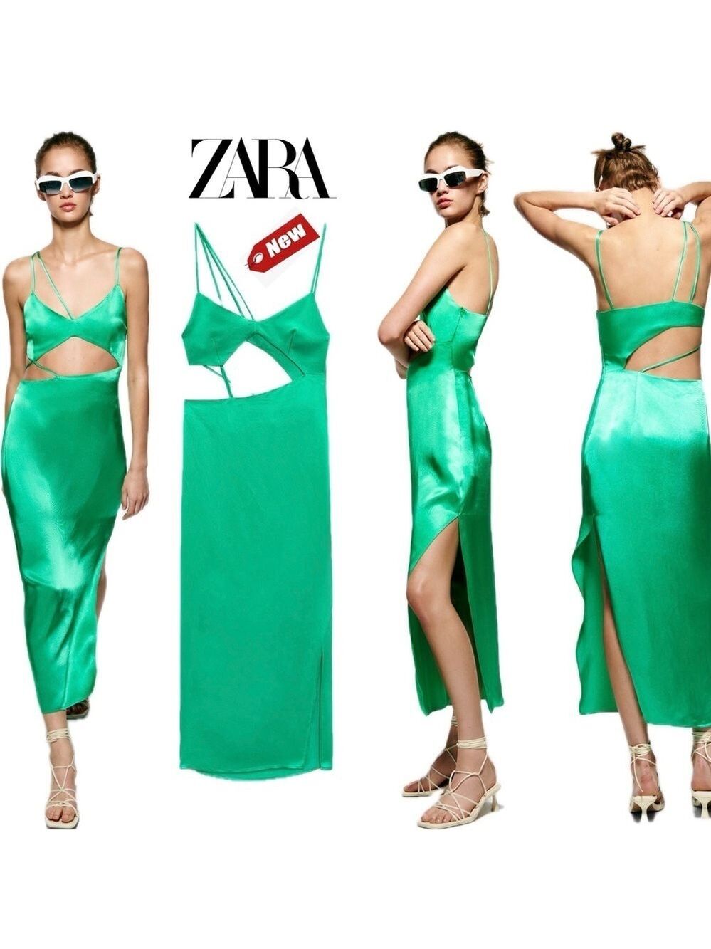 Zara green satin effect asymmetrical strappy cut-out crisscross slit midi dress